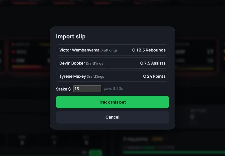 The Import slip review: three DraftKings legs read from a screenshot, with the stake and a 3.5x payout.