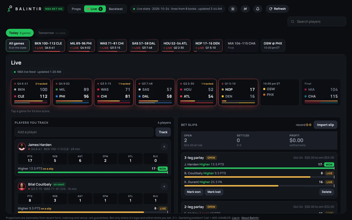 The Live tab: scores for six games in progress, tracked players' box scores, and two open parlays with legs marked won or live.